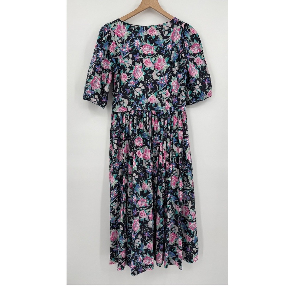 Vintage Laura Ashley Dress Womens 14 Black Pink Floral Cotton Pockets Cottage - Picture 6 of 10